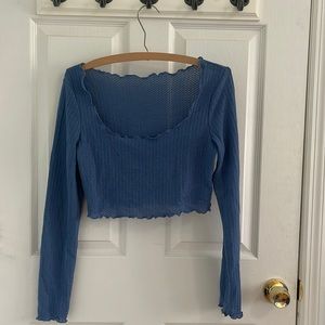 Blue cropped waffle knit top with lettuce edges (never worn)